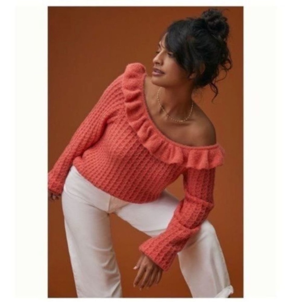 Anthropologie Ruffled Boat Neck Sweater Coral Pink XXS
